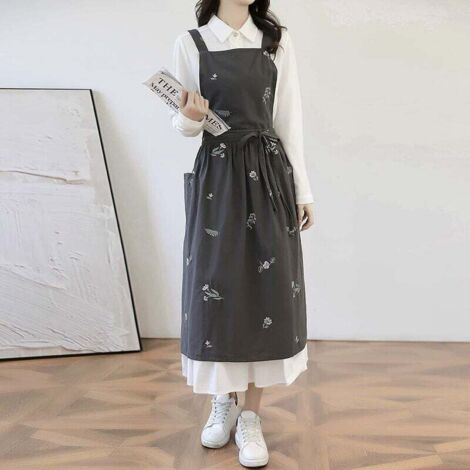 Grembiule Giapponese Da Donna In Cotone, Incrociato, Con 2 Tasche, Lungo 108 Cm, Grigio Chiaro/scuro, Per Cucina E Ristoranti - 4