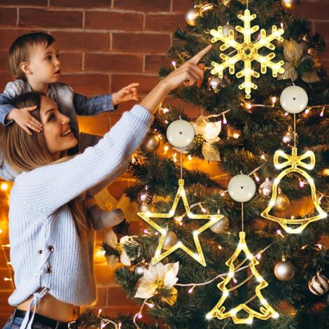 Holwim Set di 4 luci natalizie per finestre con ventosa e 3 modalità di illuminazione, decorazione per finestre a LED, funzionamento a batteria
