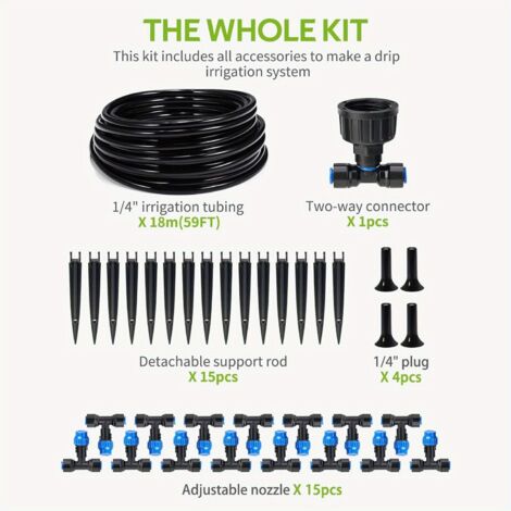 Kit de riego por goteo ajustable de 360 grados, fácil de instalar, ahorro de agua para invernaderos y patios al aire libre. (1/4)