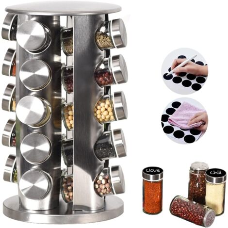 Especiero giratorio de acero inoxidable para 20 frascos con base antideslizante - Organizador de encimera de cocina para fácil acceso y almacenamiento de especias (plateado)