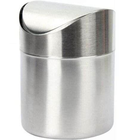 1 x mini bote de basura de acero inoxidable plateado con tapa abatible, práctico para oficina, coche, dormitorio (1/3)