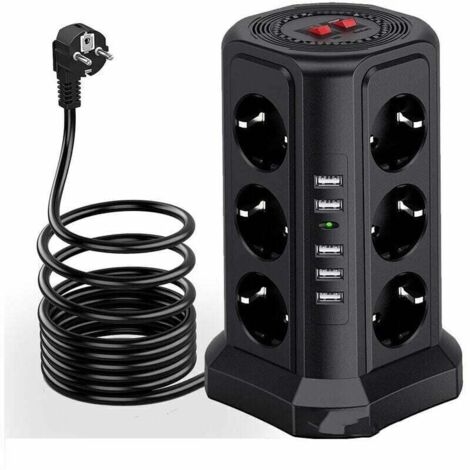 Regleta de enchufes con protección contra sobretensiones y protector contra sobretensiones, regleta con 5 puertos USB y 12 tomas, regleta con 3 interruptores, color negro XVX