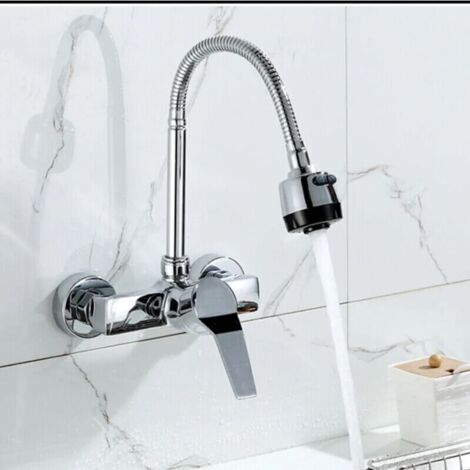 Grifo de cocina con ducha extensible de acero inoxidable para montaje en pared. (1/4)