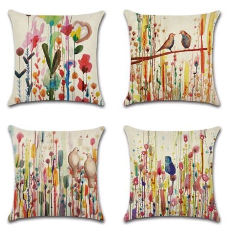 45 x 45 cm, juego de 4 fundas de cojín de lino, decoración floral con pájaros de la vida para sofá, jardín, cama, sillón, coche