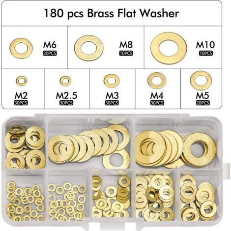 Surtido de 180 juntas de arandela de latón, M2 M2.5 M3 M4 M5 M6 M8 M10, arandelas para anillos de sellado de tornillos - se suministra con caja