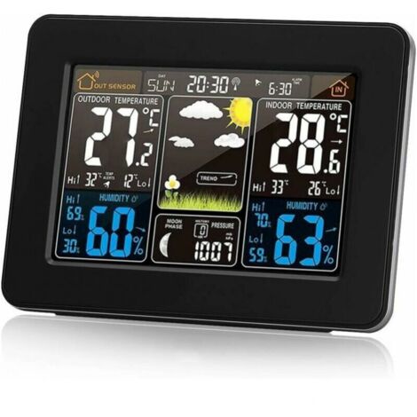 Estación meteorológica inalámbrica con alarma y sensor de temperatura, humedad, barómetro, despertador, reloj lunar y meteorológico externo, pantalla digital a color PT3365