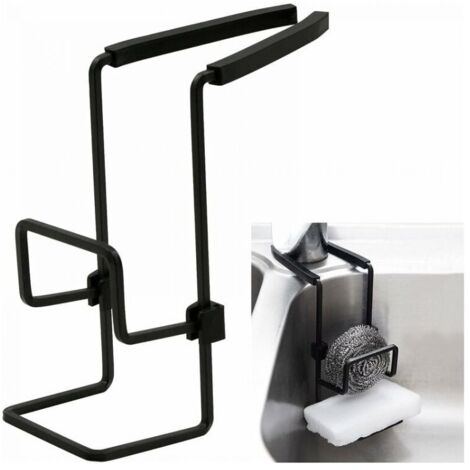 Soporte para esponja de cocina negro, estante colgante (no requiere taladro), organizador de fregadero para esponja, jabón, cepillo, estropajo y paño de cocina.