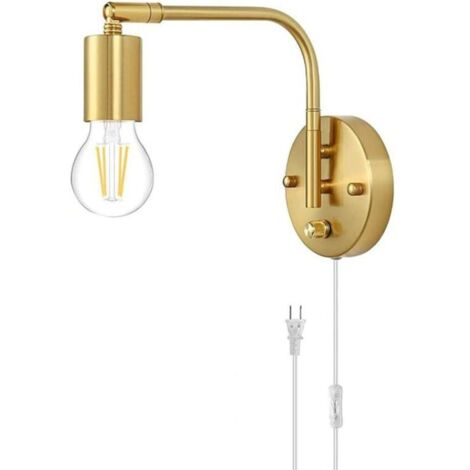Lámpara de pared E27 con interruptor y enchufe, luz de pared ajustable de metal dorado, lámpara de lectura de noche con cable, lámpara de interior industrial retro para sala de estar, dormitorio, ofic