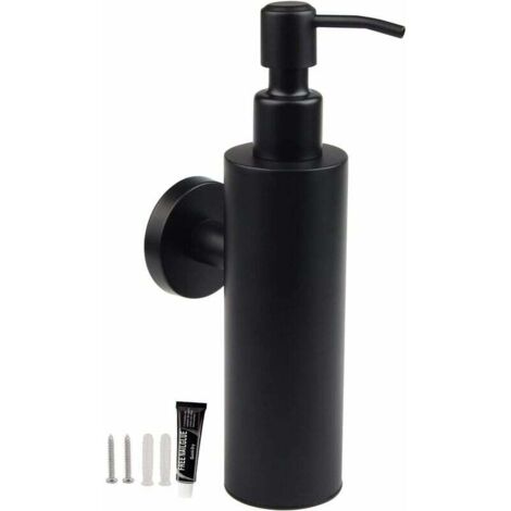 Dispensador de jabón de pared de acero inoxidable 304, 200 ml, color negro mate, manual, para champú, gel de ducha, para cocina y baño. Dos tipos de montaje (con pegamento y tornillos). (1/4)
