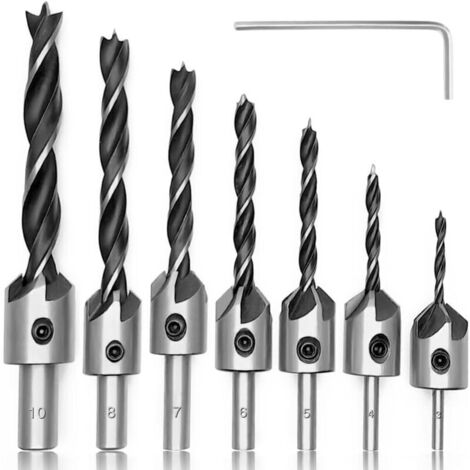 Juego de 7 brocas avellanadoras HSS con llave Allen, herramienta de avellanado, broca hueca de 5 flautas para trabajar la madera, 3, 4, 5, 6, 7, 8, 10 mm (1/4)
