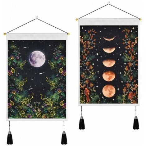 Tapiz negro con borlas de 35 x 50 cm, diseño de luna, para pared, de algodón y lino, con flores, para decoración del hogar, 2 unidades (1/4)