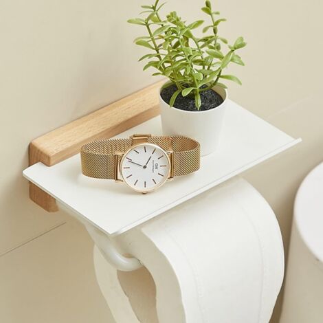 Portarrollos de papel higiénico de madera blanca con estantes - Organizador de pared para baño para rollos de papel higiénico, teléfonos y toallas - Almacenamiento versátil