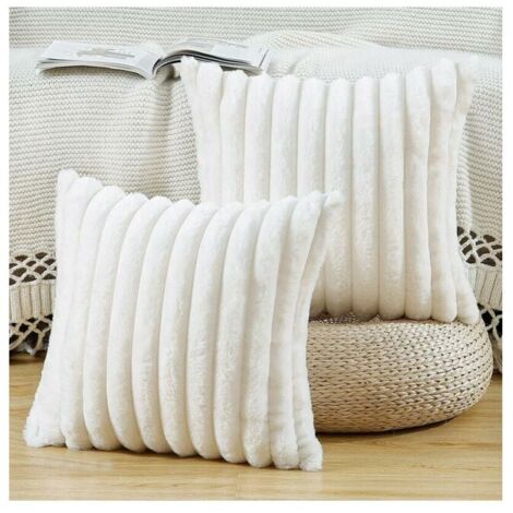 Fundas de cojín de piel sintética blanca de 45 x 45 cm, suaves y esponjosas, con diseño de rayas, para sofá y dormitorio, color crema, paquete de 2
