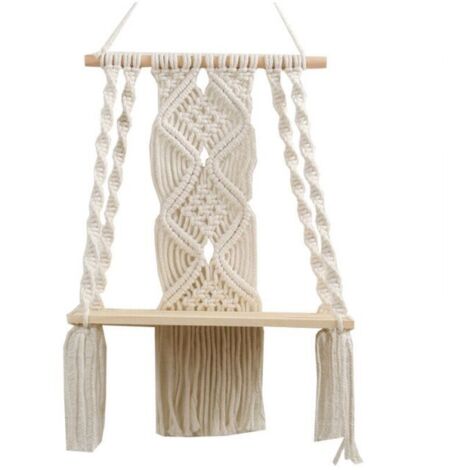 Estante de pared de macramé bohemio, decoración de pared de macramé, tapiz con borlas tejidas, estante de pared, macetero de cuerda de algodón hecho a mano, tapiz (1/4)
