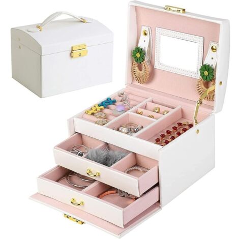 Joyero, joyero para mujer, joyero de piel sintética con 2 cajones, joyero con cerradura y espejo, caja de viaje portátil, forro de terciopelo