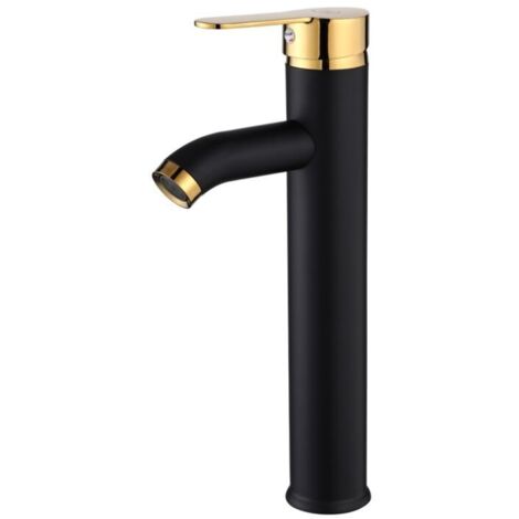 Grifo para lavabo de agua fría y caliente, grifo para baño, color negro dorado, codo alto, individual (1/4)