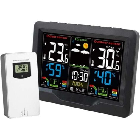 Reloj meteorológico con pantalla a color y sensor, termómetro e higrómetro para interiores, alarma recargable por USB