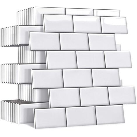 Azulejos autoadhesivos gruesos para salpicadero de cocina y baño (blancos, paquete de 10), azulejos de pared autoadhesivos de imitación, adhesivo para salpicadero de cocina, azulejos de pared de PVC 3