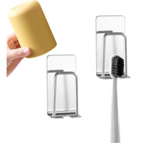 Portacepillos de dientes 2 en 1, paquete de 2, montaje en pared, sin taladros, duradero, autoadhesivo para colocar vasos (plateado) (1/2)
