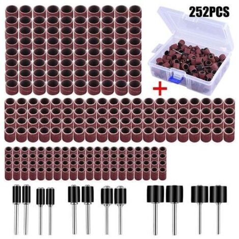 252 manguitos de lijado con caja gratuita, incluye 240 bandas de lijado y 12 rodillos de lijado con herramienta rotativa.