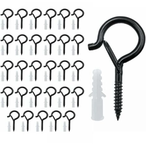 Paquete de 30 ganchos de tornillo (negros), ganchos de tornillo para uso exterior, ganchos de techo, ganchos para luces navideñas, para colgar plantas en macetas, adornos navideños, linternas, luces d (1/4)