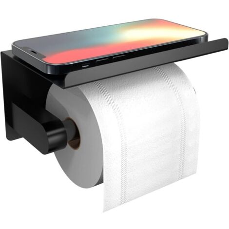 Portarrollos de papel higiénico autoadhesivo con repisa para teléfono, de pared, de acero inoxidable, para baños y aseos, con repisa, portarrollos. (1/4)