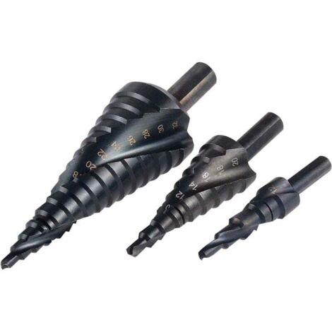 Juego de 3 brocas escalonadas HSS con revestimiento de titanio de 4-12/4-20/4-32 mm (1/4)