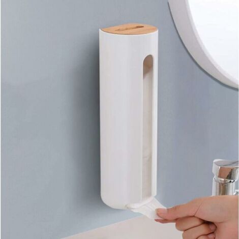 Dispensador de discos de algodón, soporte de pared para discos de algodón con tapa de madera, soporte de bambú para discos desmaquillantes o discos de algodón. (1/4)