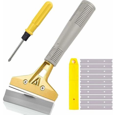 Raspador de 10 cm con 10 hojas metálicas adicionales. Multiusos para ventanas, vidrio, suelos, paredes, estufas, pintura, selladores, etiquetas, adhesivos y calcomanías. (1/4)