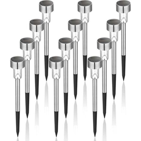 Luces solares para exterior, luces solares para jardín, luces solares impermeables para patio, césped, jardín, camino, senderos, acero inoxidable, 12 unidades, blanco
