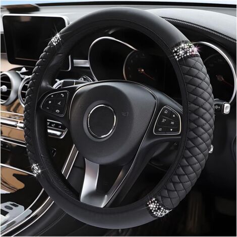 Fundas de cuero brillante para volante de coche, universales, de 37 a 38 cm, con diamantes de imitación, antideslizantes, transpirables, sin aro interior, accesorios interiores de coche, color negro. (1/5)
