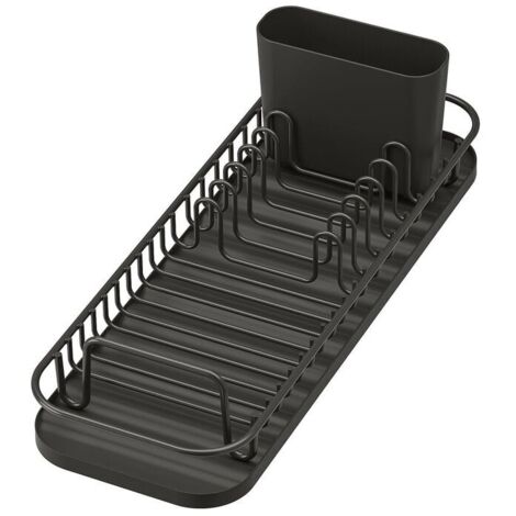 Escurreplatos pequeño, compacto con bandeja y recipiente de silicona, multifuncional para encimeras y fregaderos, color negro. (1/4)