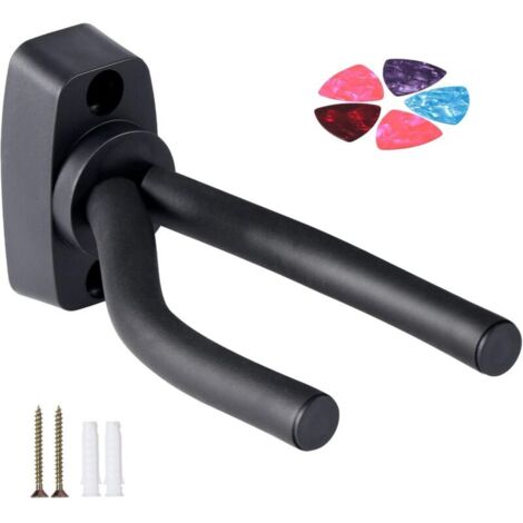 Soporte de pared para guitarra, con 5 púas, para ukelele, guitarra eléctrica, clásica y bajo, con gancho, color negro (1 unidad) (1/4)