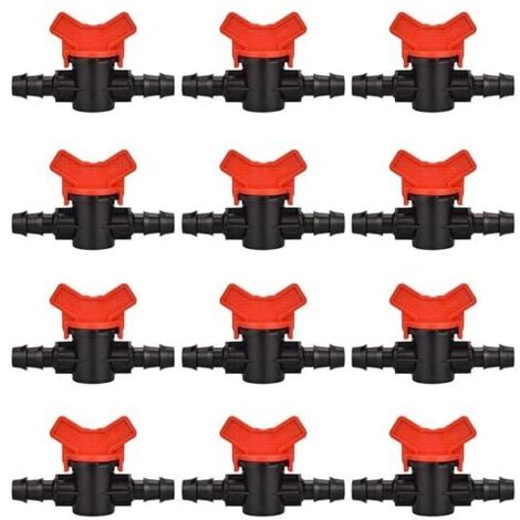 Grifo para manguera de jardín (12 piezas), válvula de riego, 16 x 16 mm, conector de plástico para válvula de cierre de agua de jardín exterior (negro y rojo) (1/4)