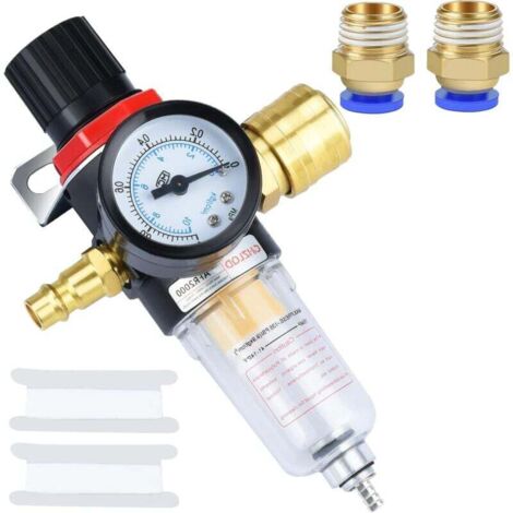 Regulador de aire comprimido, filtro de aire, regulador de presión 1/4 BPS con separador de agua, acoplamientos rápidos alemanes y manómetros. (1/3)