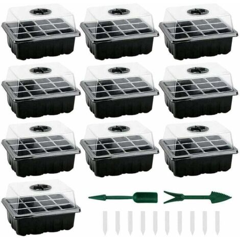 Mini invernadero para plántulas, paquete de 10 mini invernaderos para plantas con 120 celdas, bandeja y tapa incluidas, bandejas duraderas para plántulas de interior para cultivar semillas y comenzar