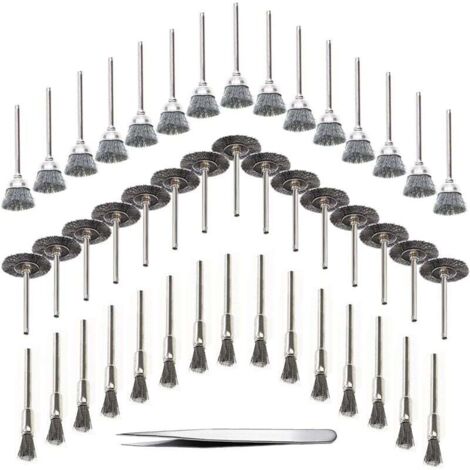 45 cepillos de alambre de acero inoxidable para taladro, cepillos rotativos para taladrar madera, plateados (acero inoxidable) (1/4)