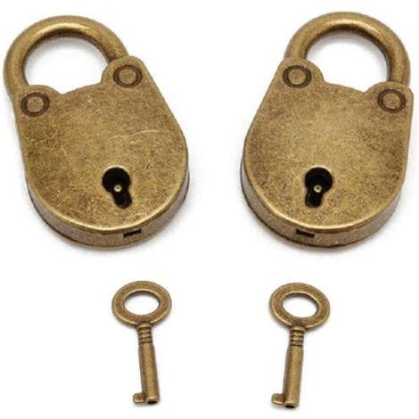 Juego de 2 mini candados en forma arcaica de estilo antiguo con llave, mini candado en bronce antiguo (1/4)