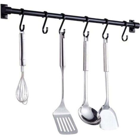 AIPERQ - Barra para utensilios de cocina de pared, 40 cm, con 6 ganchos extraíbles, para puerta (negro)