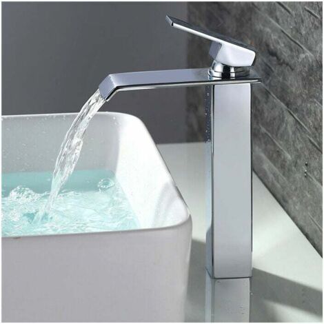 Grifo de baño con cascada, mezclador de lavabo, caño alto, cromado, diseño moderno - INHHUB
