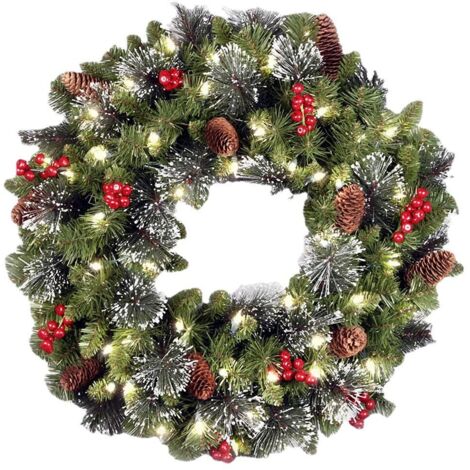 Corona navideña, corona navideña de abeto verde, corona navideña decorada con racimos de piñas y bayas y ramas escarchadas, para decorar la puerta de entrada, 50 cm (20 pulgadas) (1/4)