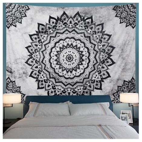 Tapiz de mandala blanco y negro, tapiz bohemio floral para colgar en la pared, tapiz hippie psicodélico para dormitorio (130 x 150 cm)