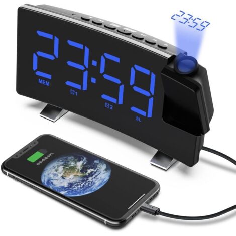 Radio despertador con proyección de 180° para techo, reloj digital USB FM con alarmas duales y temporizador de apagado automático, 12/24 h (azul)