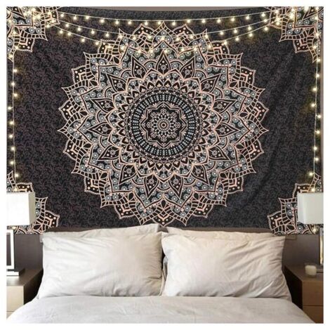 Tapiz de mandala negro para colgar en la pared, psicodélico, estético, indio, hippie, bohemio, decoración del hogar, para dormitorio, sala de estar (150 x 130 cm)