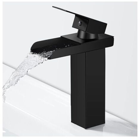 Grifo de baño moderno de latón negro, mezclador de lavabo en cascada, grifo de lavabo con caño de 145 mm de altura, agua fría y caliente disponible.