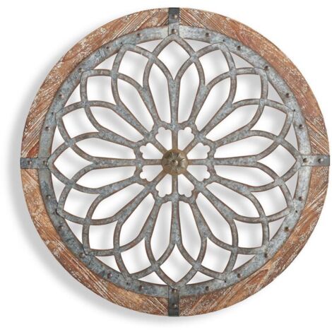 Decoración rústica de pared con flores talladas en metal y madera, arte de pared de granja