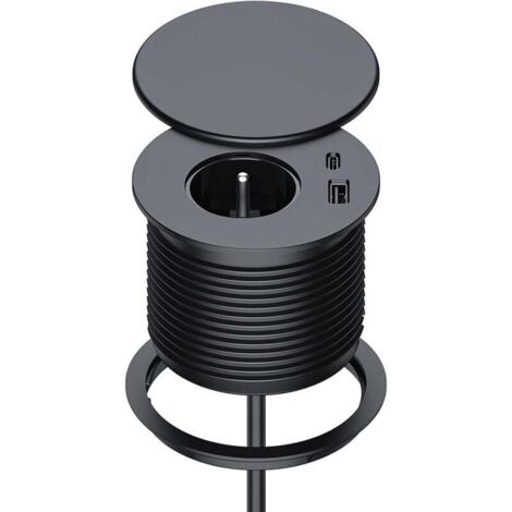 Regleta empotrada con 1 toma, 1 puerto USB C, 1 puerto USB A, 75 mm de diámetro, cable de 1,5 m, enchufe de escritorio para cocina, oficina y muebles, color negro.