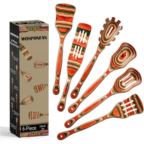 Juego de 7 utensilios de cocina de madera roja, cucharas de madera, juego de cucharas de madera, juego de utensilios de cocina de madera. (1/4)