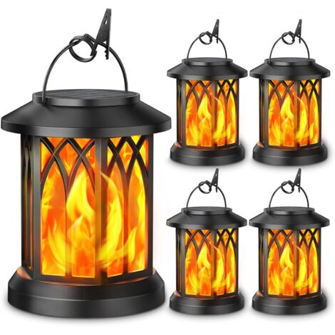 Juego de 4 faroles solares para exterior, faroles solares mejorados con efecto de llama parpadeante, impermeables, faroles colgantes decorativos, ideales para jardín, patio, entrada de vehículos y árb (1/4)