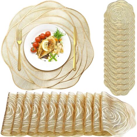 Juego de 24 manteles individuales redondos de vinilo prensado de 15 pulgadas decorados con rosas recortadas, con posavasos metálicos antideslizantes, ideales para bodas, comidas y cocina (dorado).
